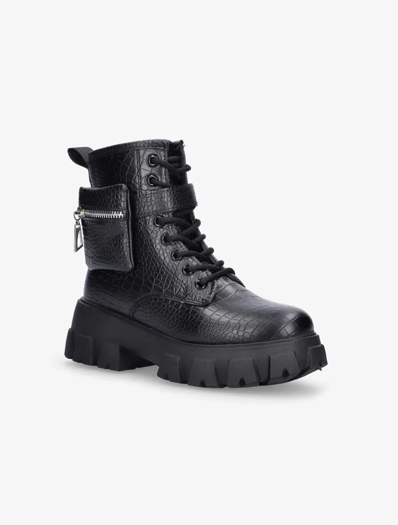 Boots grunge effet croco et pochette - noir