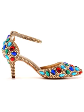 Bout pointu strass coloré bride à la cheville talons hauts