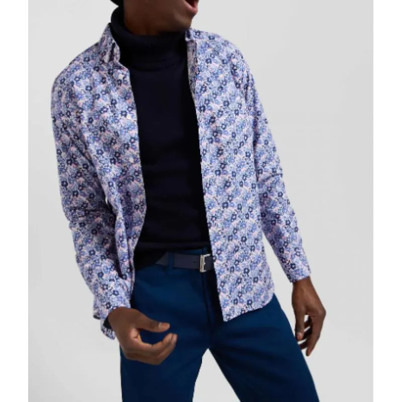 Chemise Eden Park en popeline de coton bleue imprimé floral coupe Regular