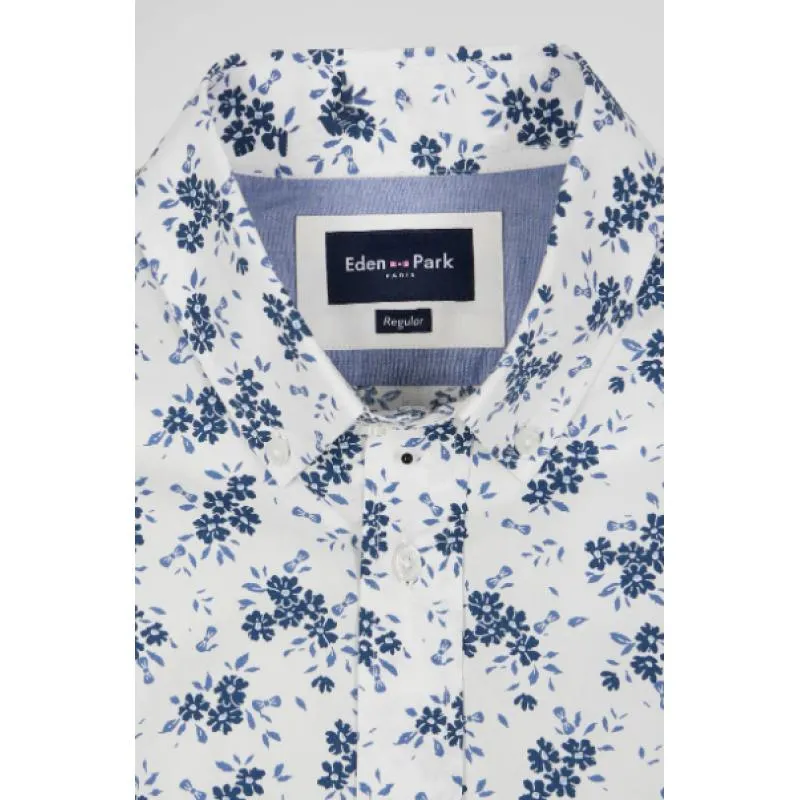 Chemise Eden Park en popeline de coton écrue imprimé floral marine coupe Regular