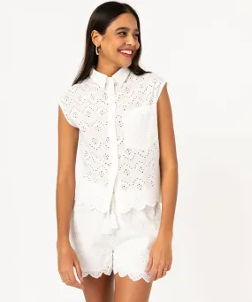 Chemise sans manches en broderie anglaise femme ecru