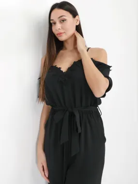 Combinaison ceinturée avec détail broderie- Noir