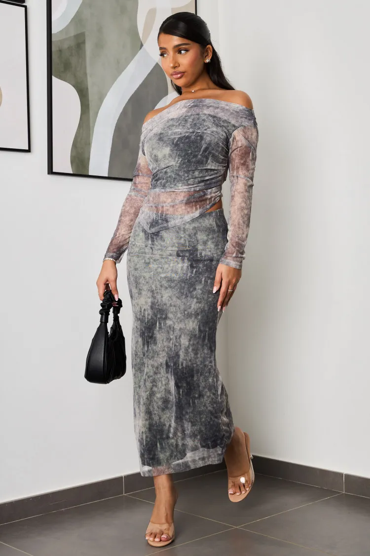 Ensemble 2 pièces top + jupe à motif marbré gris
