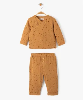 Ensemble bébé 2 pièces : cache-cœur + pantalon en double gaze à pois marron