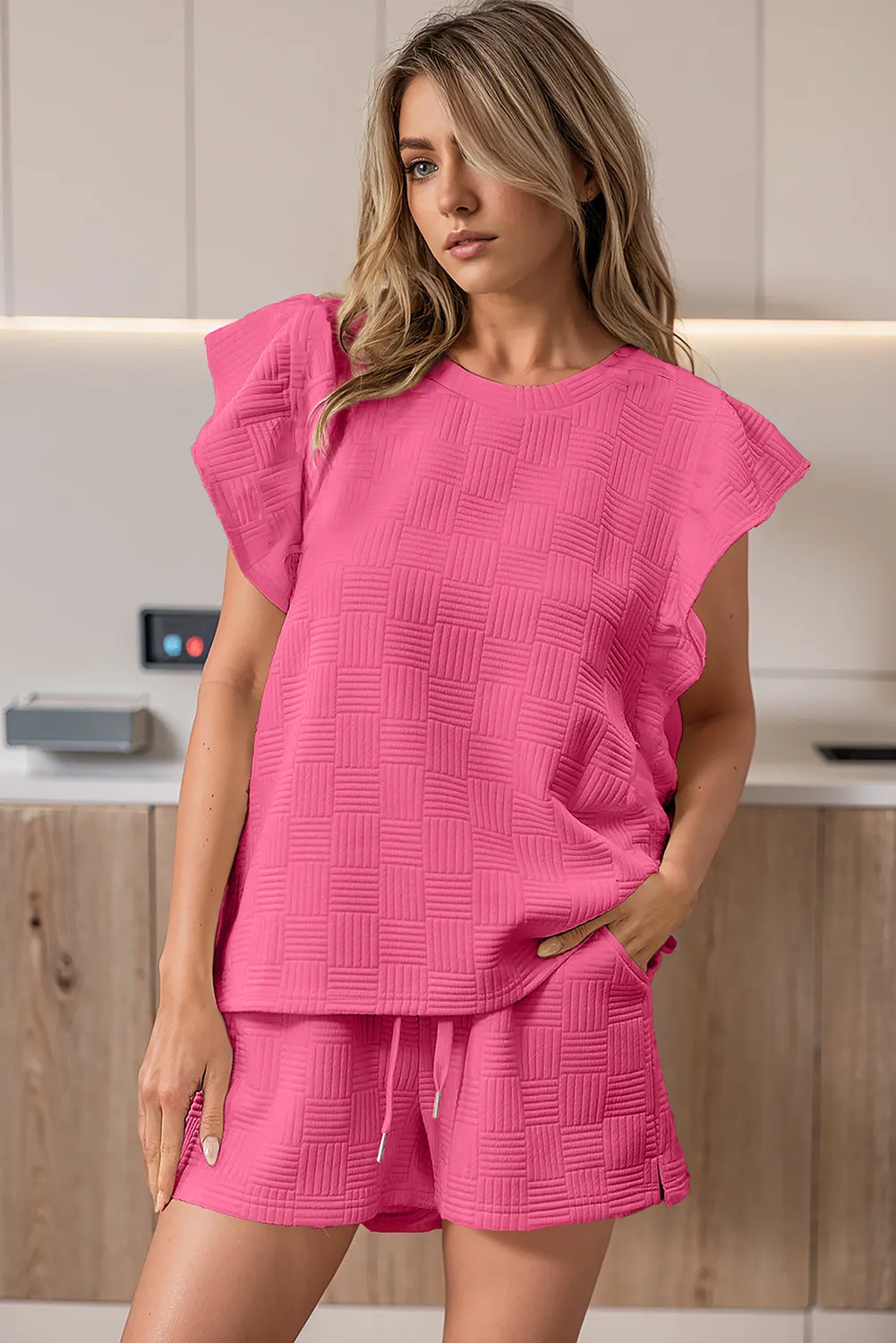 Ensemble t-shirt texturé à manches volantées et short à cordon Bonbon
