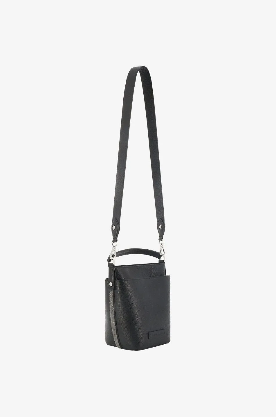 Petit sac seau en cuir grainé orné de perles
