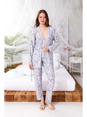 Red - Shawl Collar - Floral - Unlined - Pyjama Set