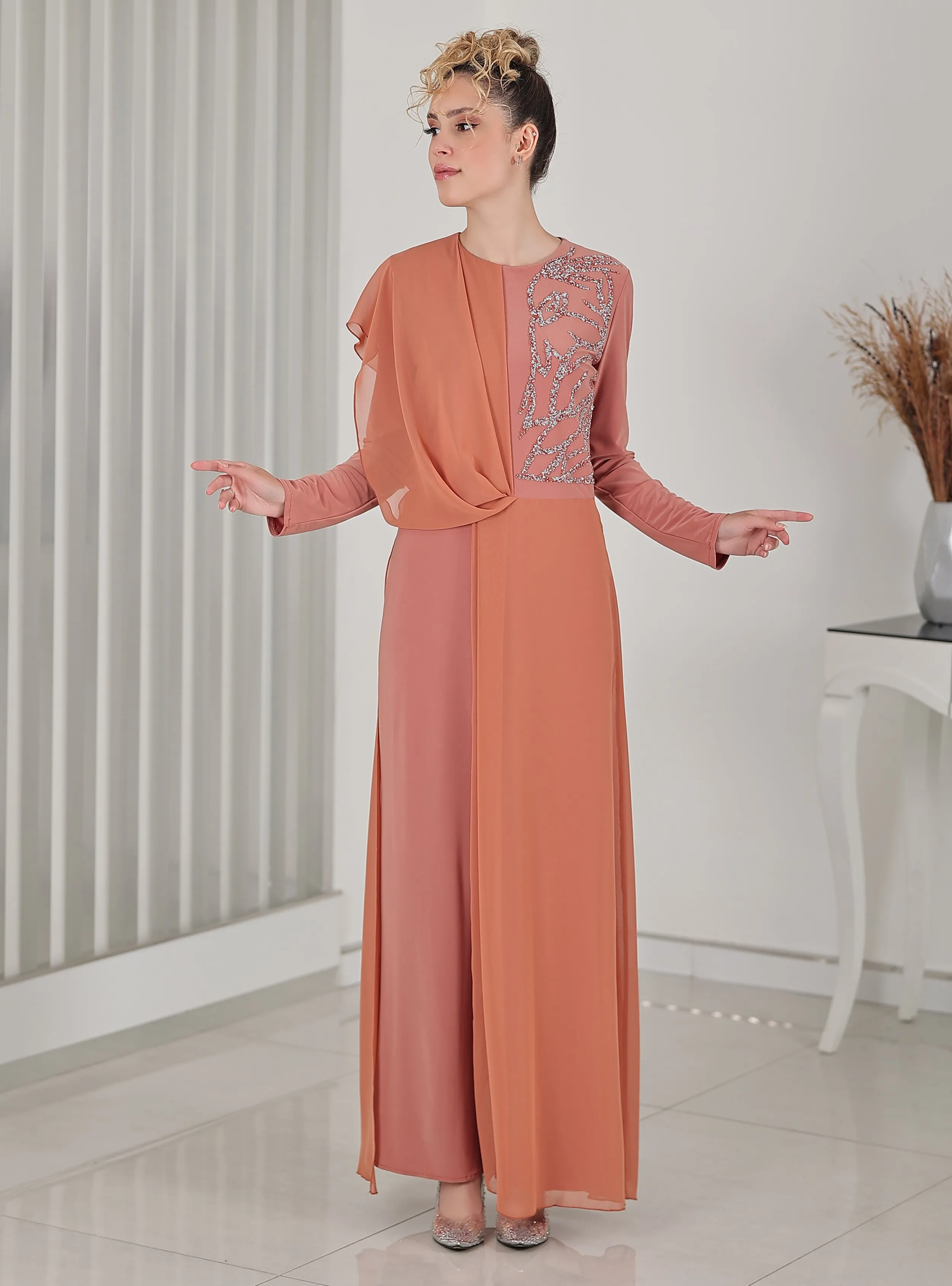Reddish Pink - Fully Lined - Crew neck - Jumpsuit