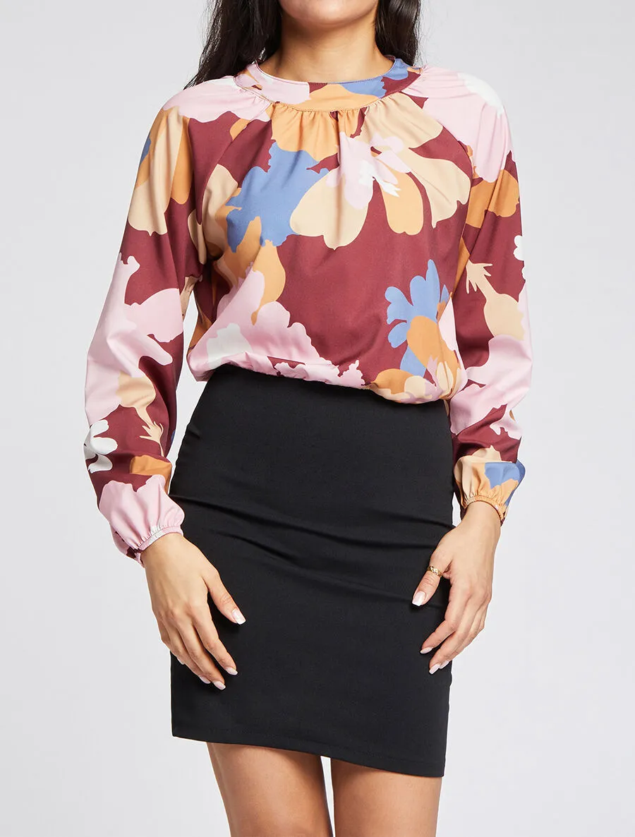 Robe bi-matière imprimé à col montant - Bordeaux