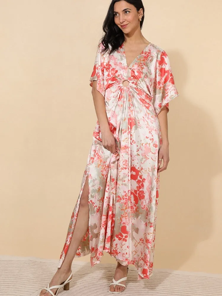 Robe longue bohème satin fleurie japonaise
