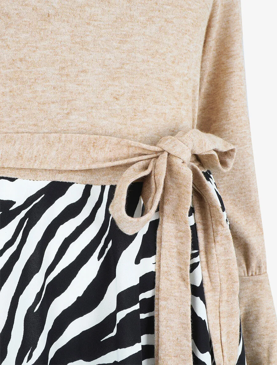 Robe mi-longue évasée imprimé zèbre - Beige foncé