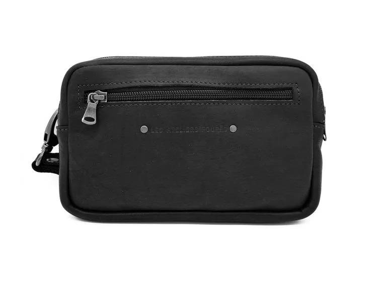 Sacoche à bandoulière + dragonne en cuir noir - 9390