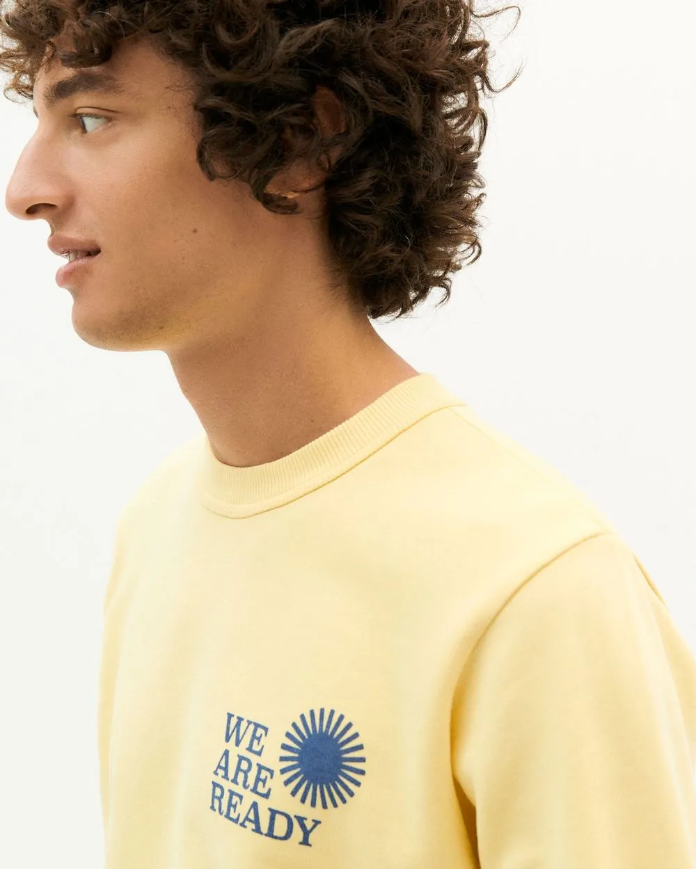 Sweat jaune imprimé indigo en coton bio - we are ready yellow sweartshirt homme